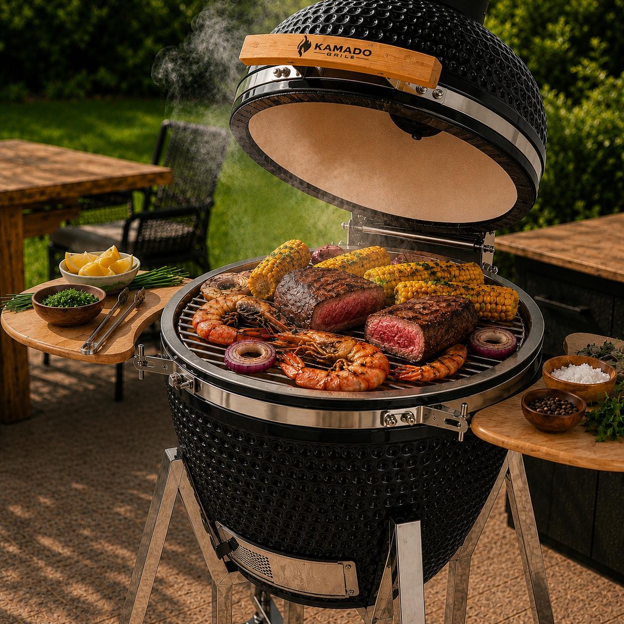 Churrasqueira Kamado Grill Grande Preta em uso