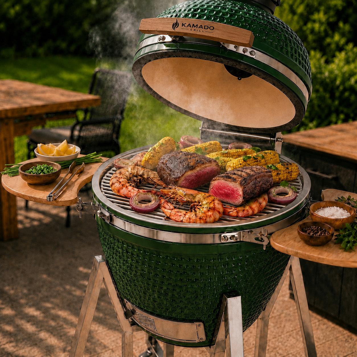 Churrasqueira Kamado Grill Grande Verde em uso