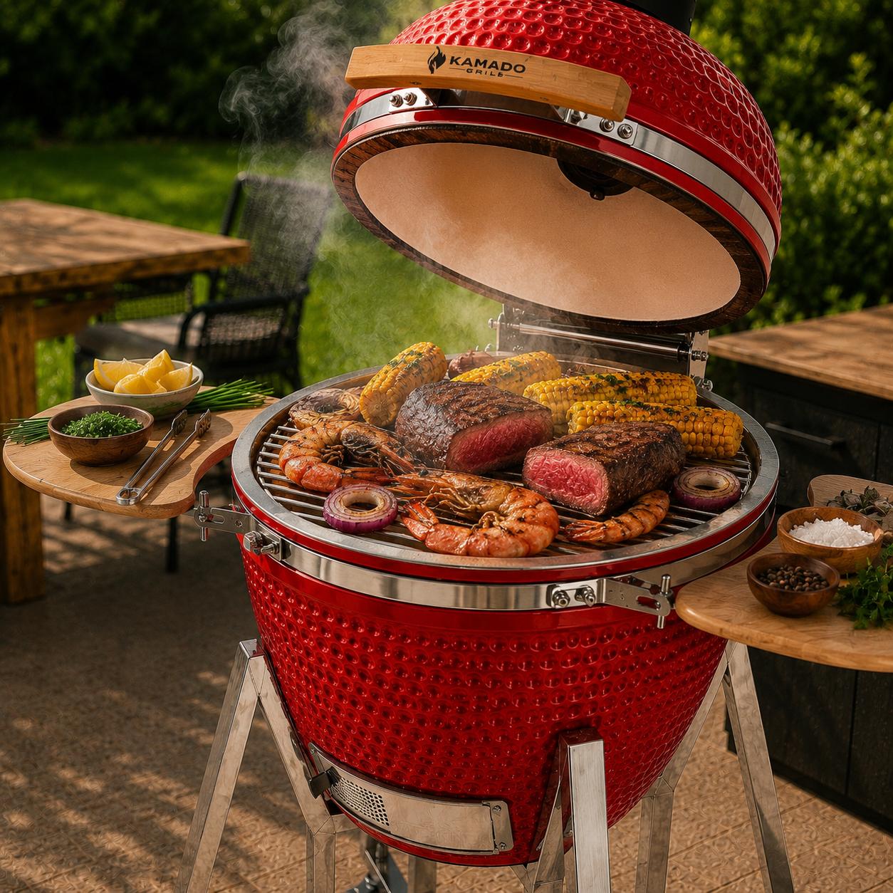Churrasqueira Kamado Grill Grande Vermelha em uso