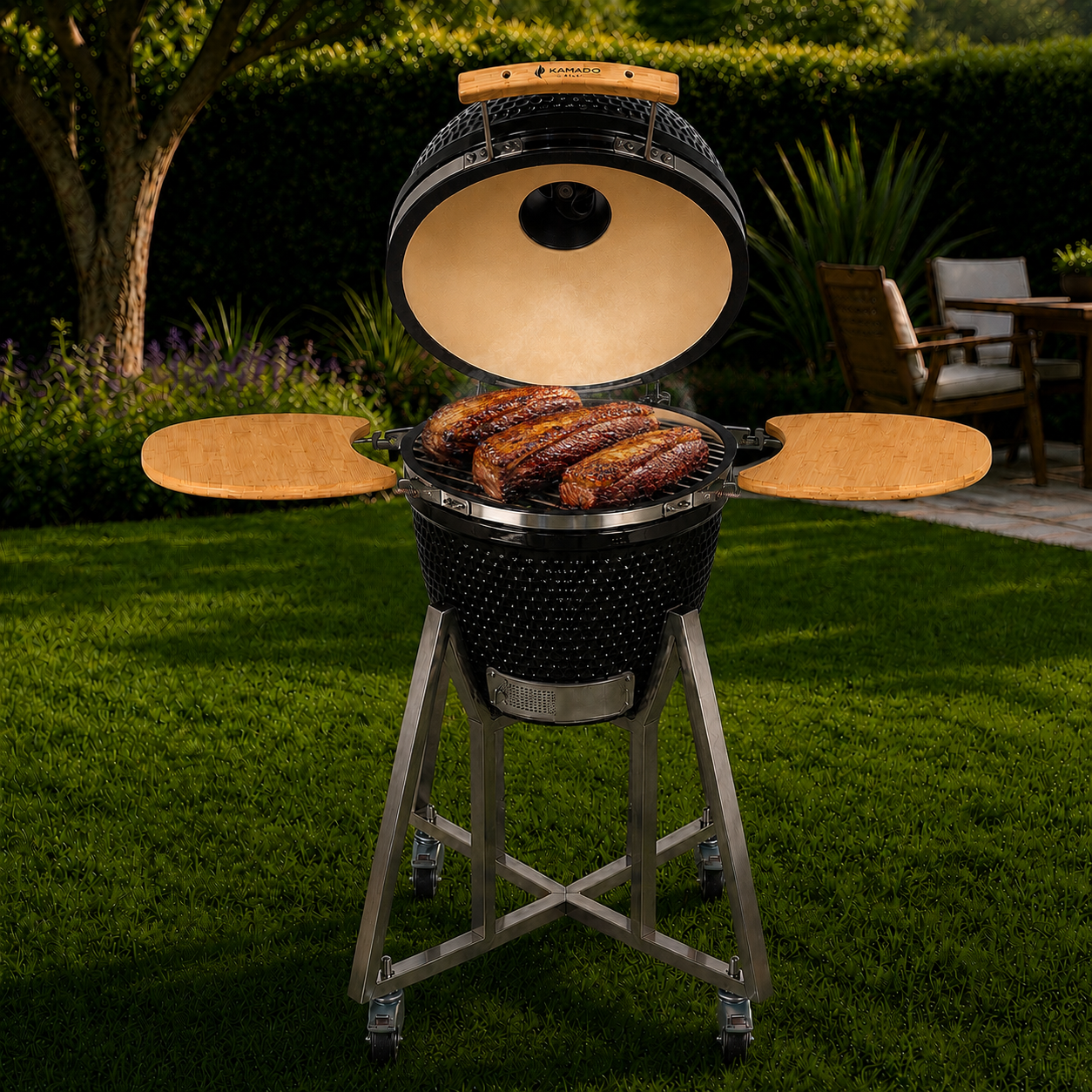 Churrasqueira Kamado Grill Média Preta em uso