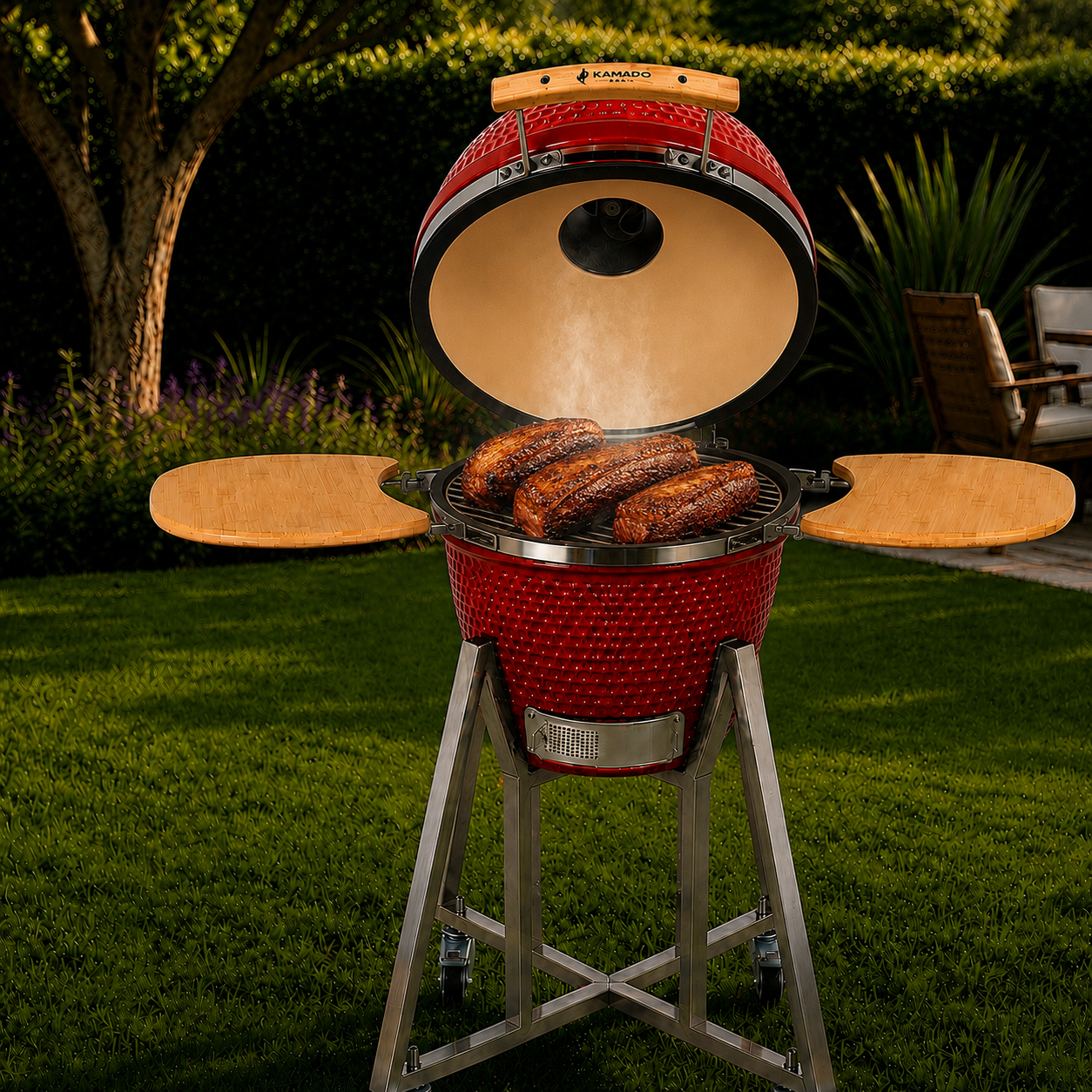 Churrasqueira Kamado Grill Média Vermelha em uso