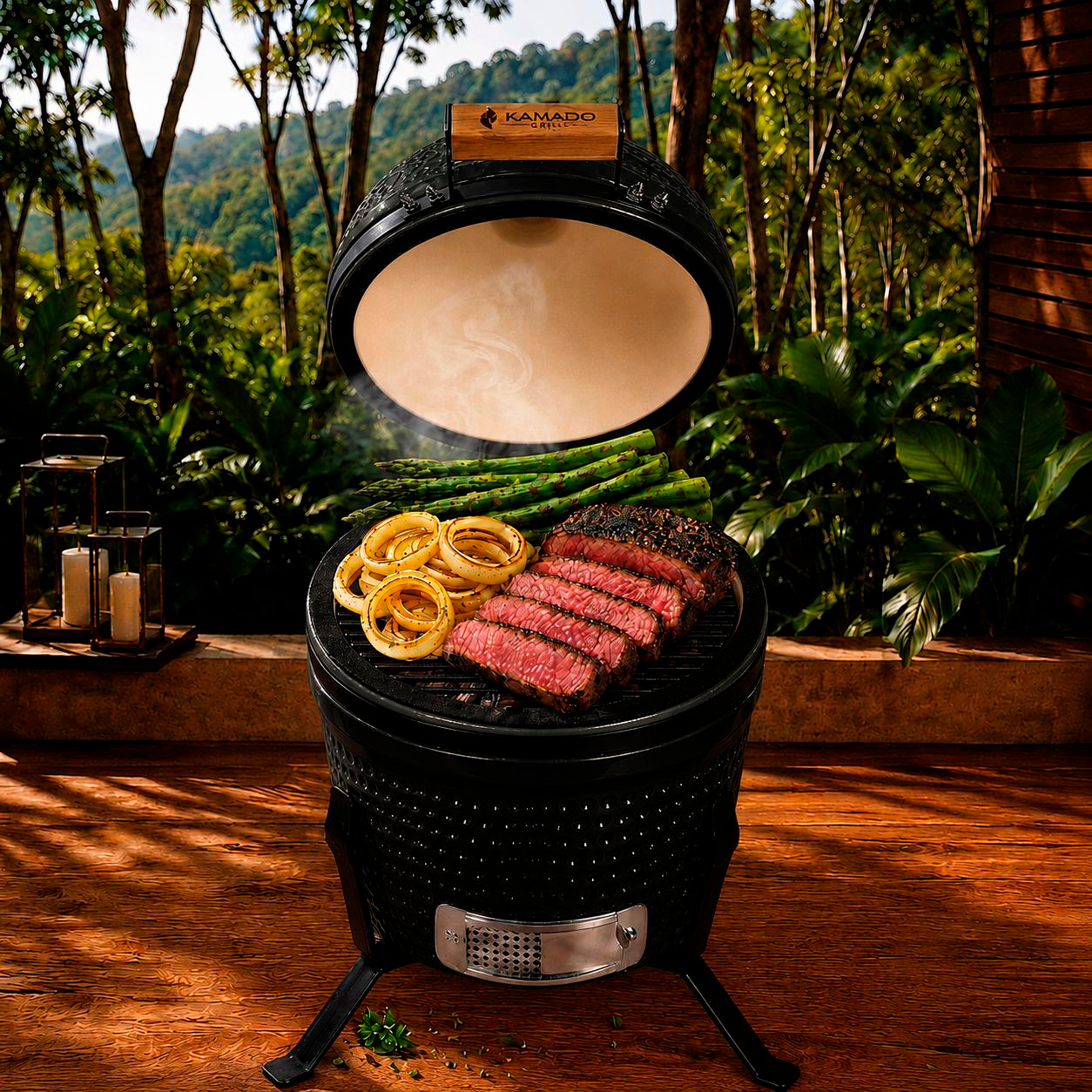 Churrasqueira Kamado Grill Mini Preta em uso