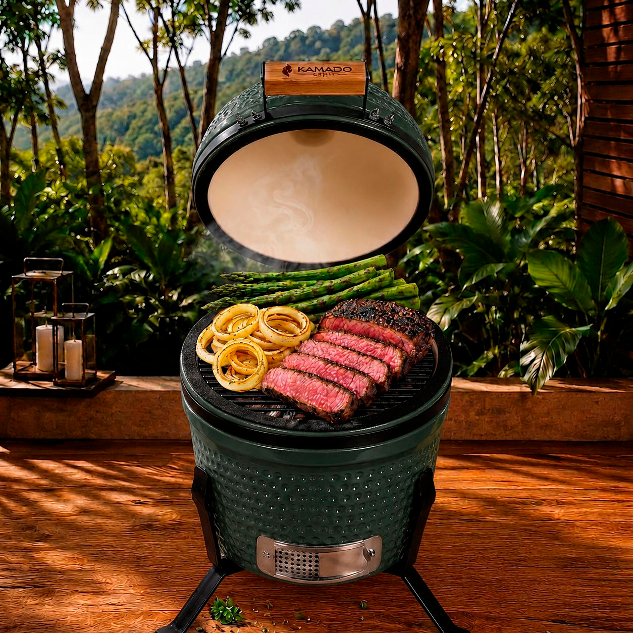 Churrasqueira Kamado Grill Mini Verde em uso