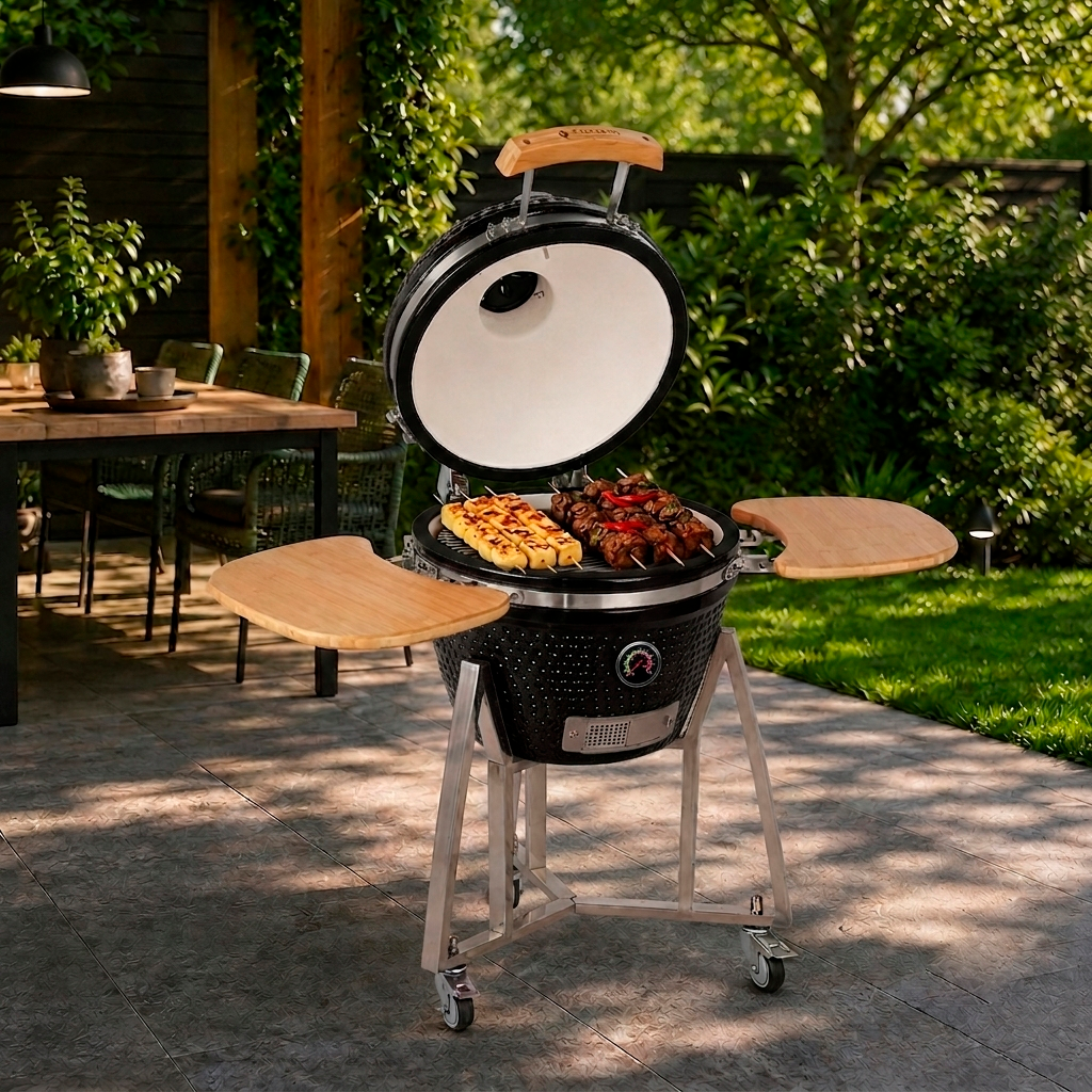 Churrasqueira Kamado Grill Pequena Preta em uso