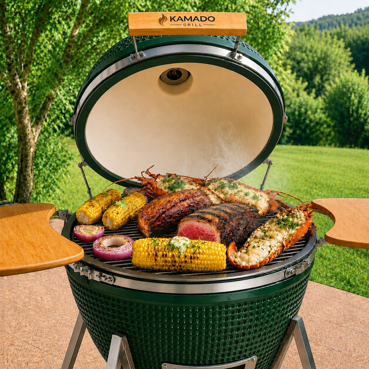 Churrasqueira Kamado Grill Super verde em uso