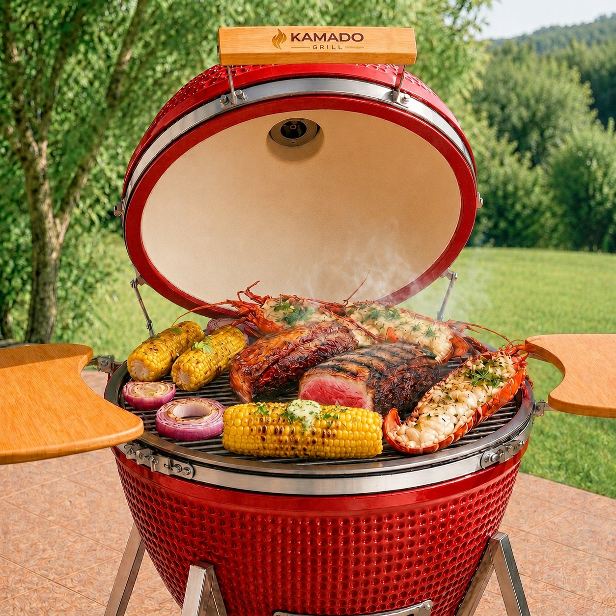 Churrasqueira Kamado Grill Super vermelha em uso
